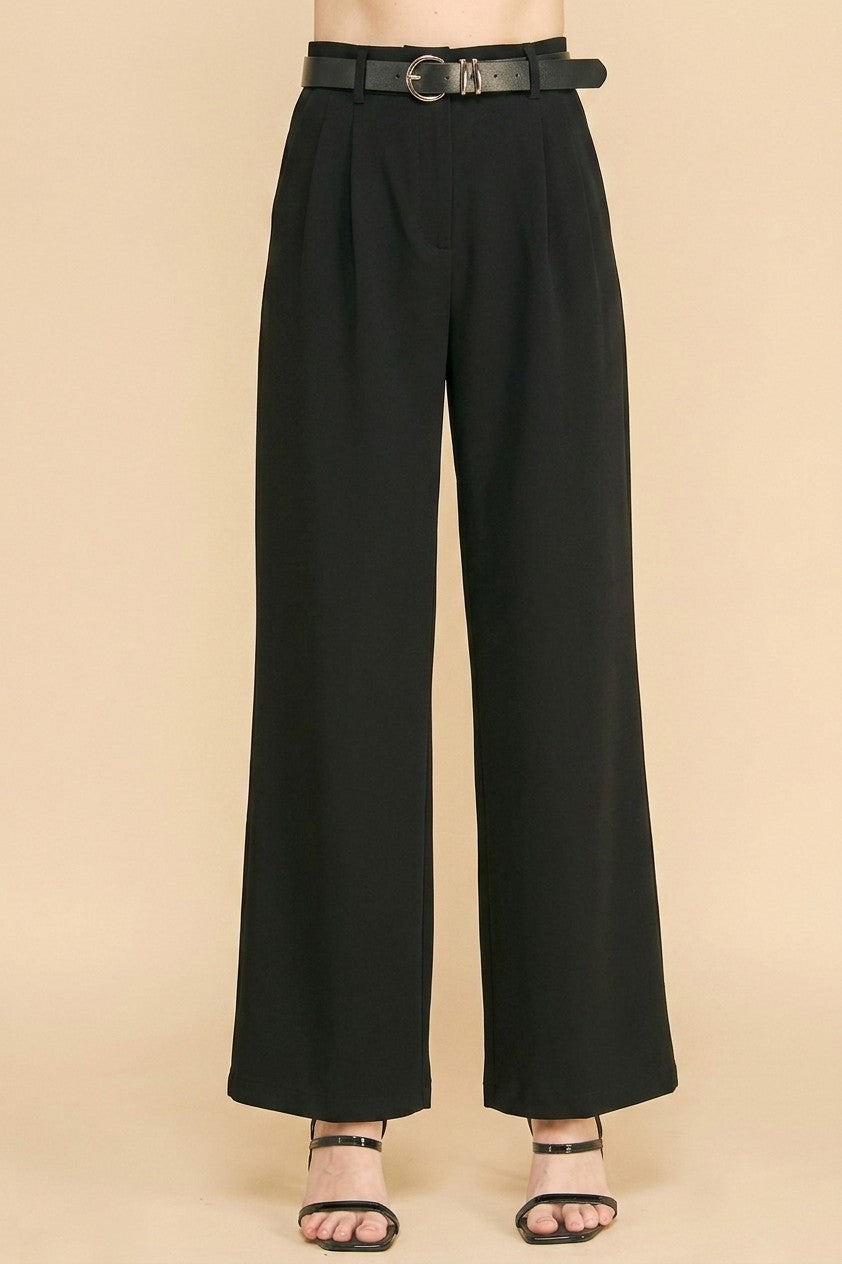 Twill Belted Double Pleated Waist Straight Wide Leg Trousers