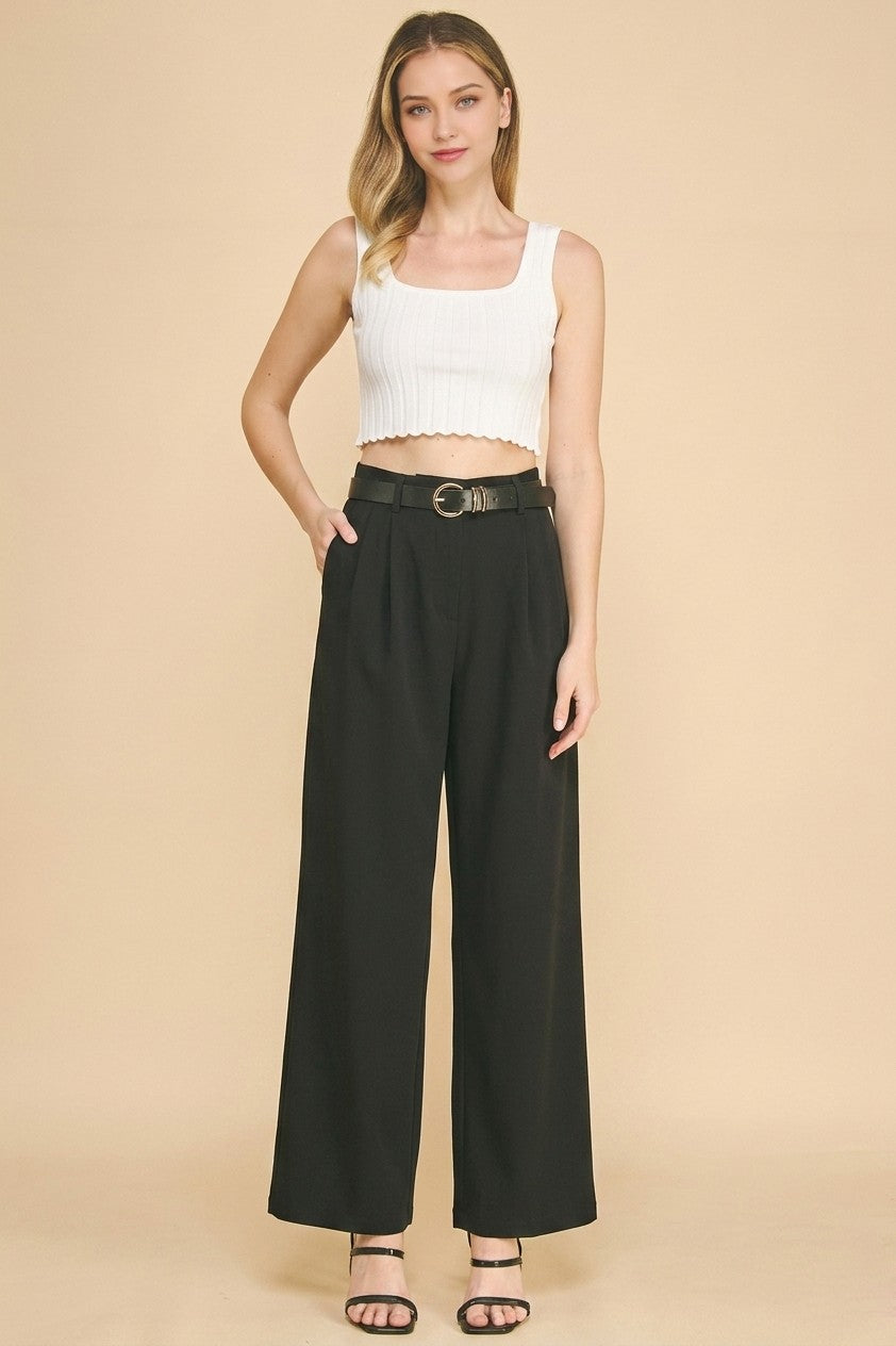 Twill Belted Double Pleated Waist Straight Wide Leg Trousers