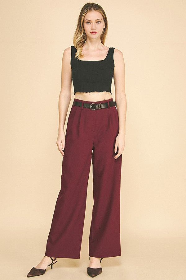 Twill Belted Double Pleated Waist Straight Wide Leg Trousers