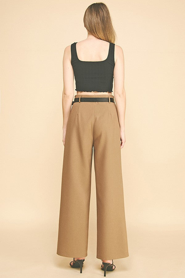 Twill Belted Double Pleated Waist Straight Wide Leg Trousers