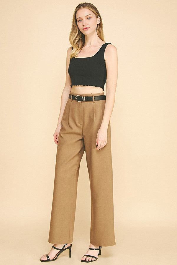 Twill Belted Double Pleated Waist Straight Wide Leg Trousers