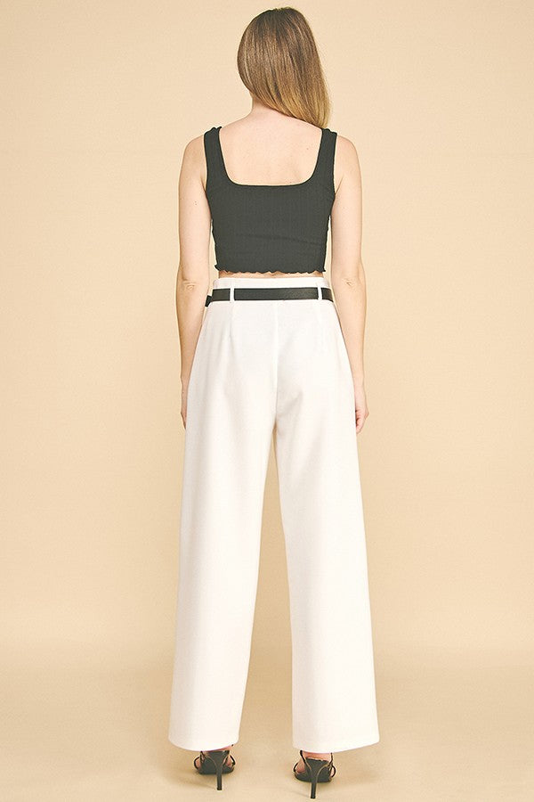 Twill Belted Double Pleated Waist Straight Wide Leg Trousers