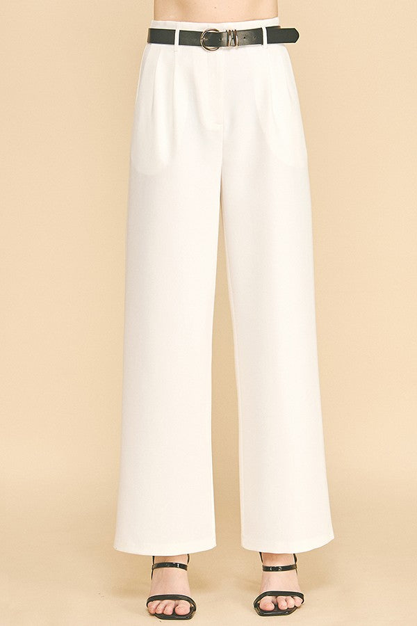 Twill Belted Double Pleated Waist Straight Wide Leg Trousers