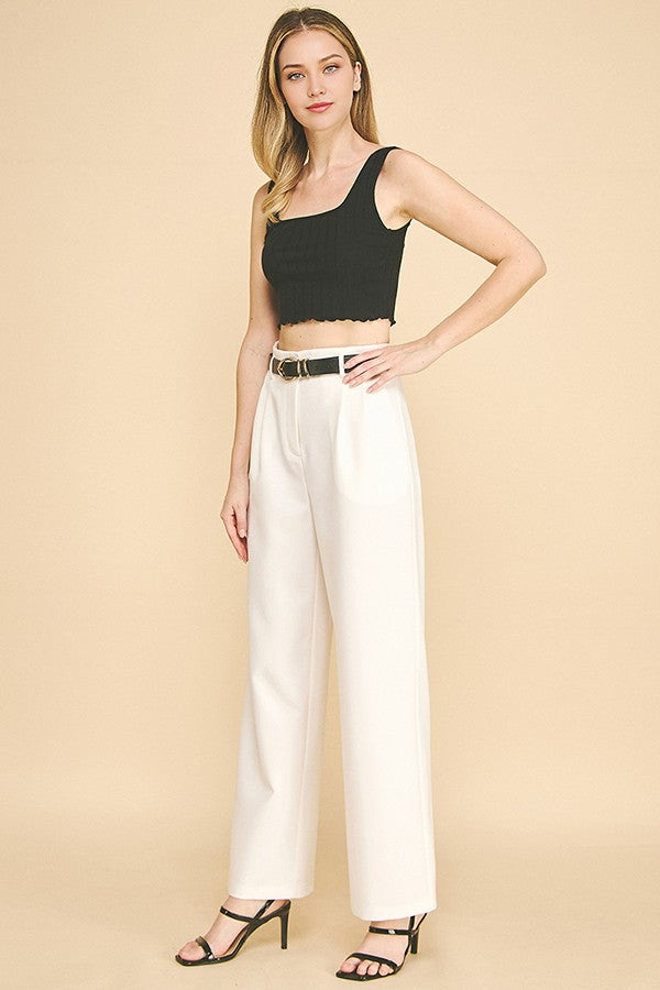 Twill Belted Double Pleated Waist Straight Wide Leg Trousers