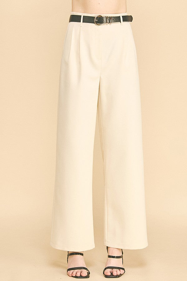 Twill Belted Double Pleated Waist Straight Wide Leg Trousers