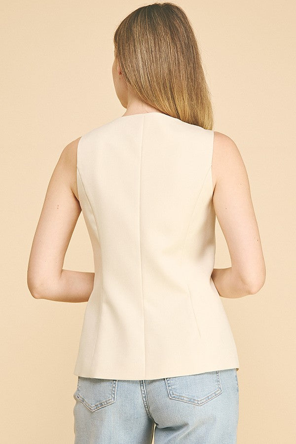 Twill Gold Button Trim Hidden Placket Long Tailored Vest