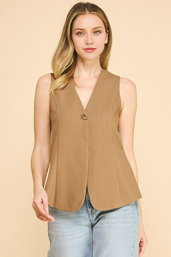 Twill Gold Button Trim Hidden Placket Long Tailored Vest