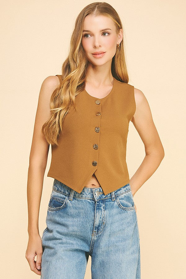 Jersey Quint Faux Gold Button Tailored Vest Top