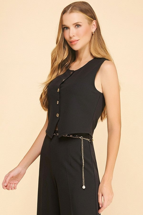 Jersey Quint Faux Gold Button Tailored Vest Top