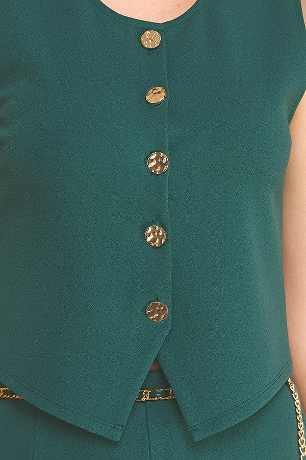 Jersey Quint Faux Gold Button Tailored Vest Top