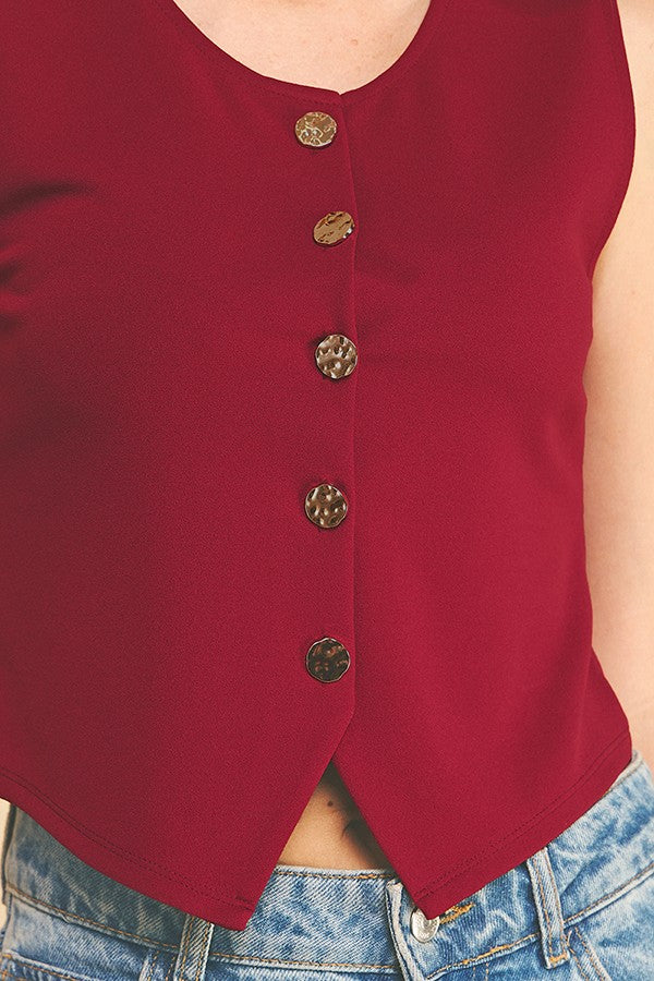Jersey Quint Faux Gold Button Tailored Vest Top