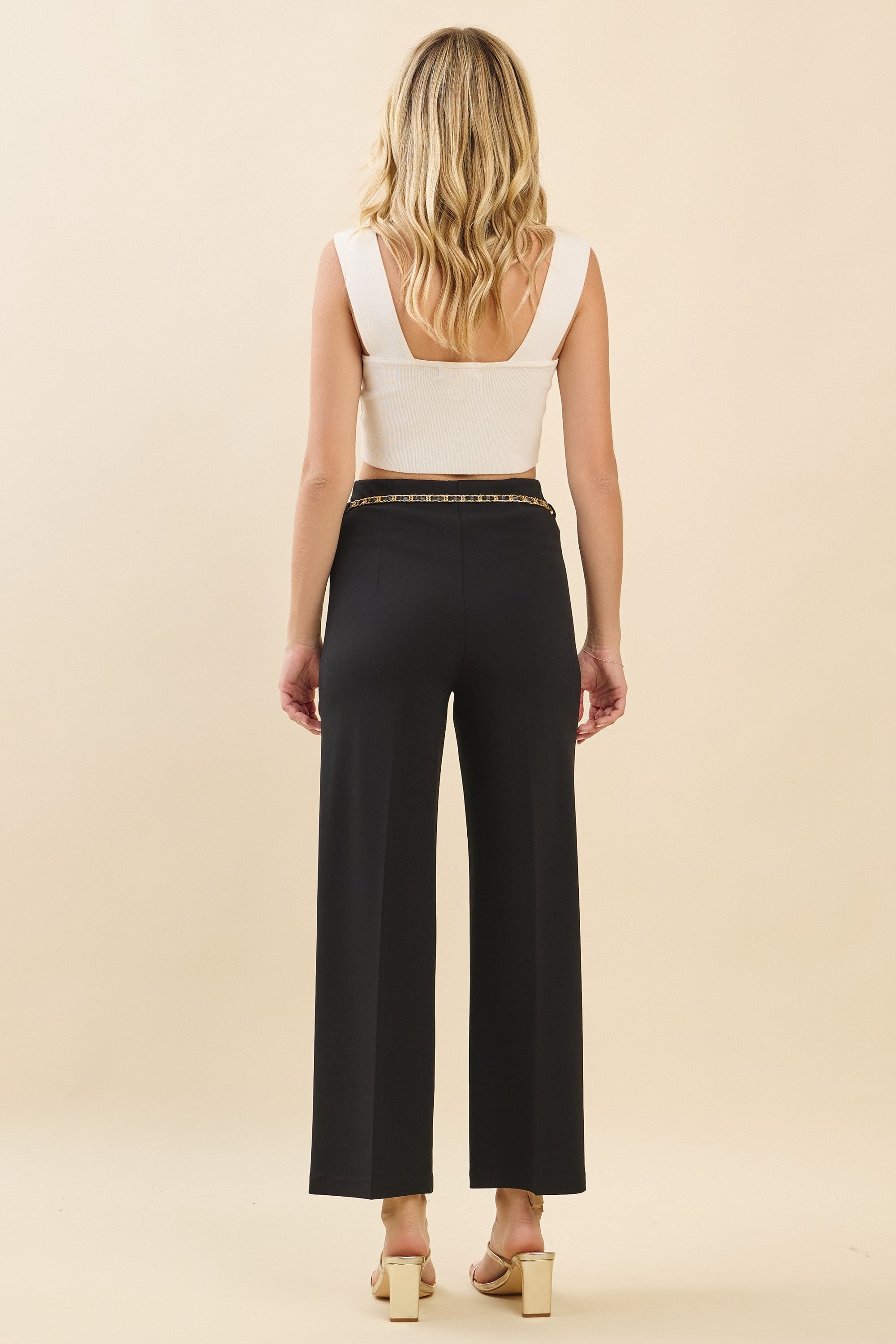 Jersey Pearled Gold Chain Tie Waist Wide Leg Pants