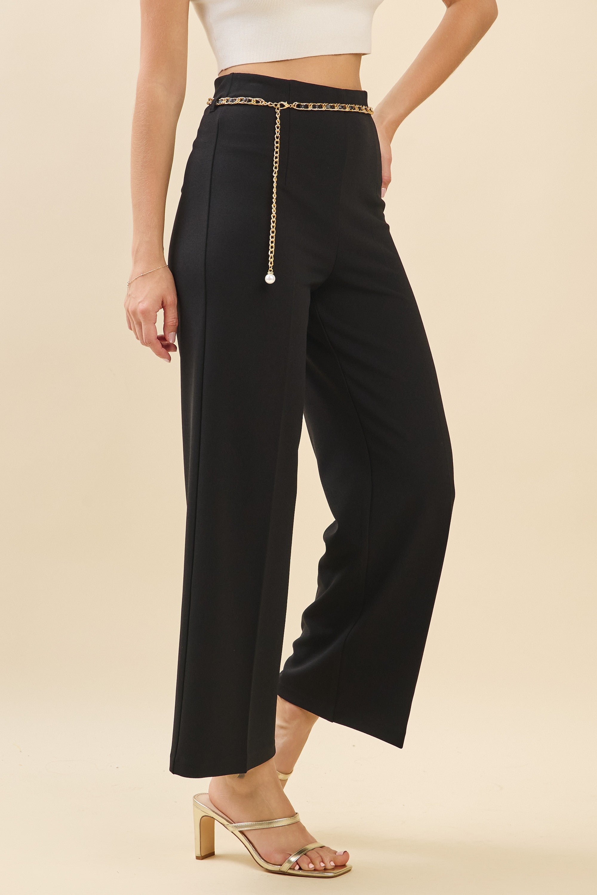 Jersey Pearled Gold Chain Tie Waist Wide Leg Pants