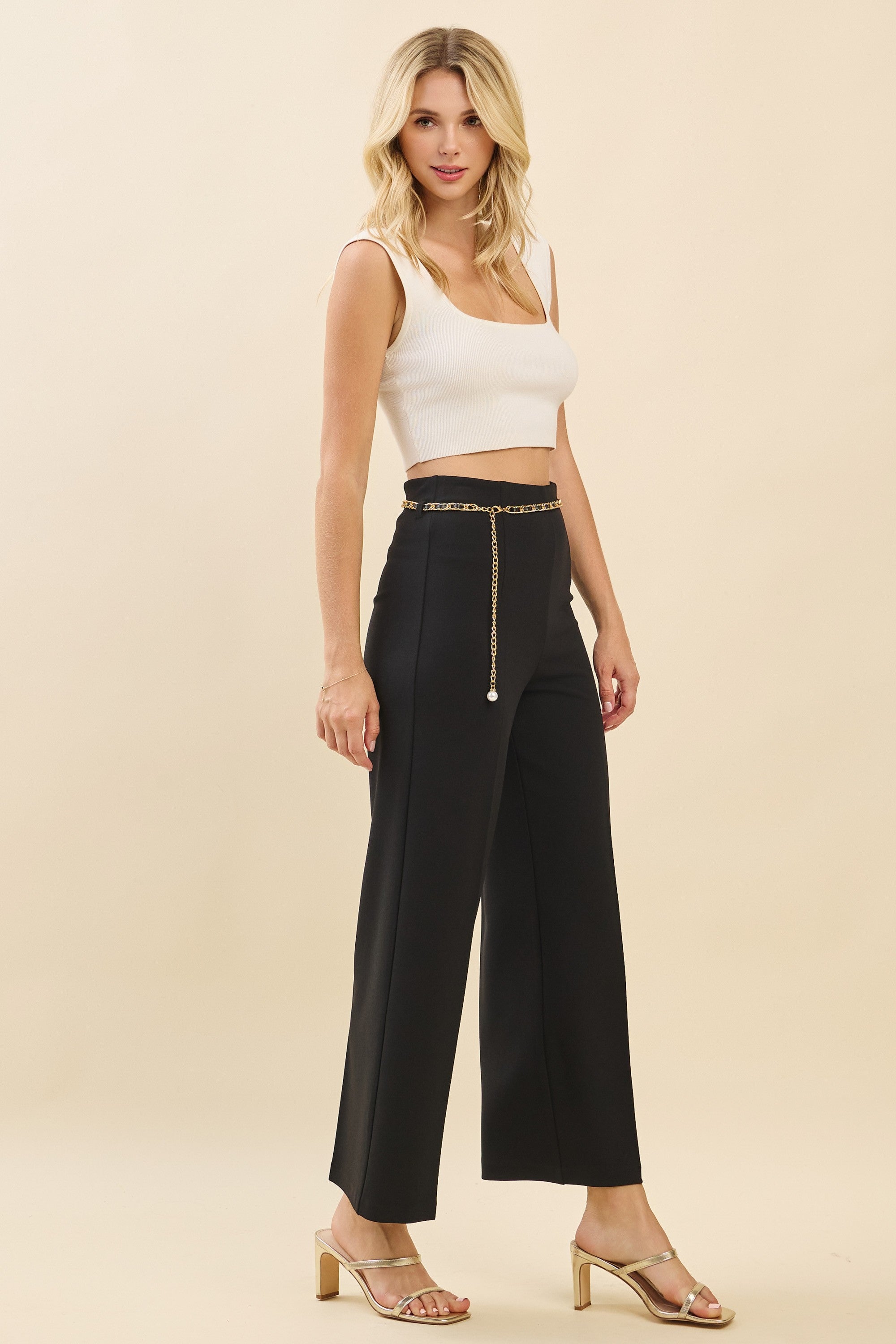 Jersey Pearled Gold Chain Tie Waist Wide Leg Pants