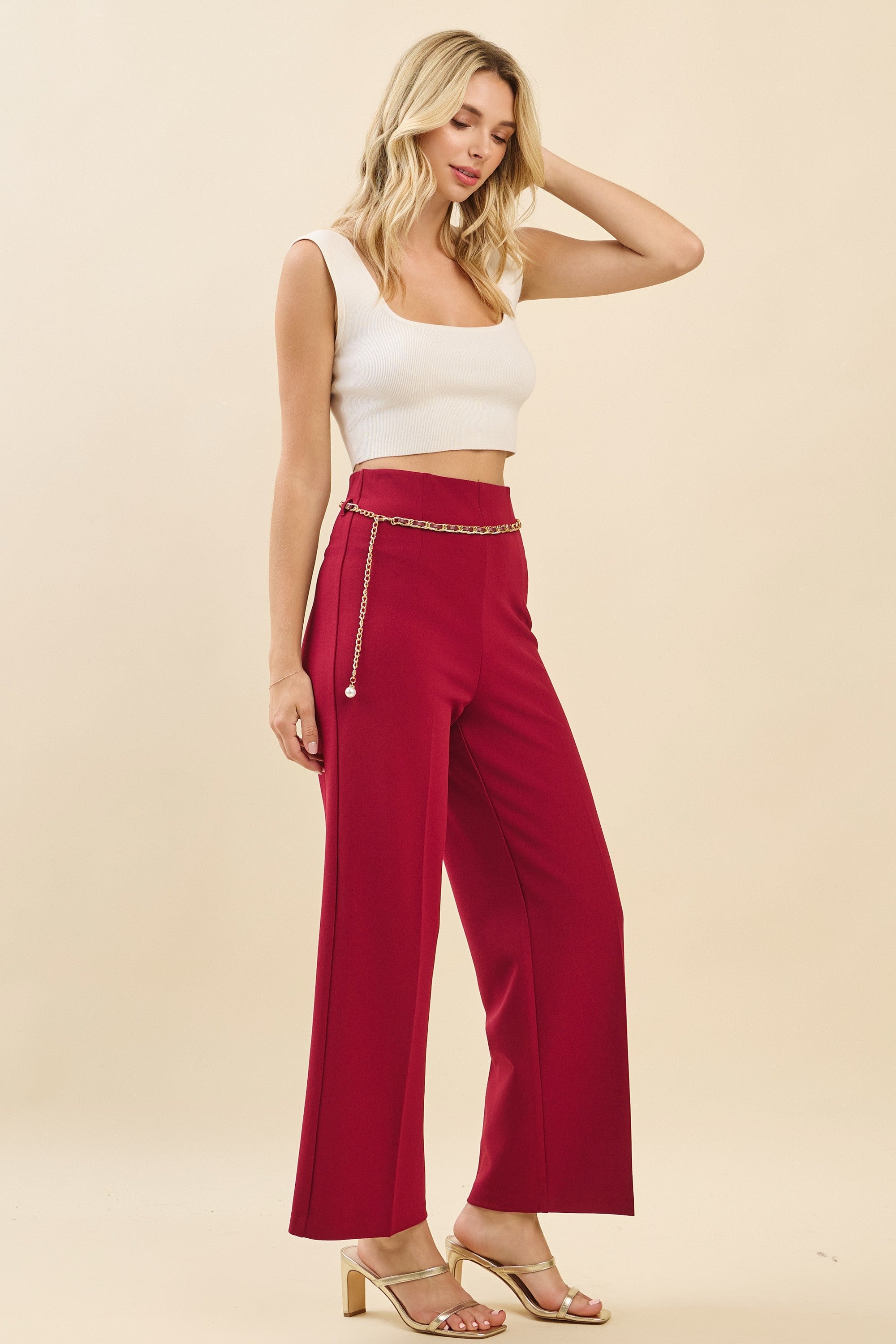 Jersey Pearled Gold Chain Tie Waist Wide Leg Pants