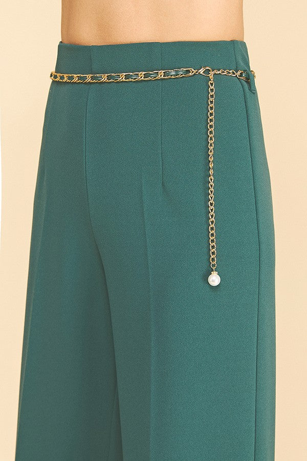Jersey Pearled Gold Chain Tie Waist Wide Leg Pants
