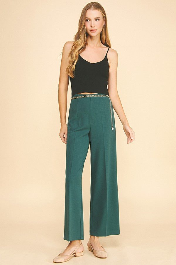Jersey Pearled Gold Chain Tie Waist Wide Leg Pants