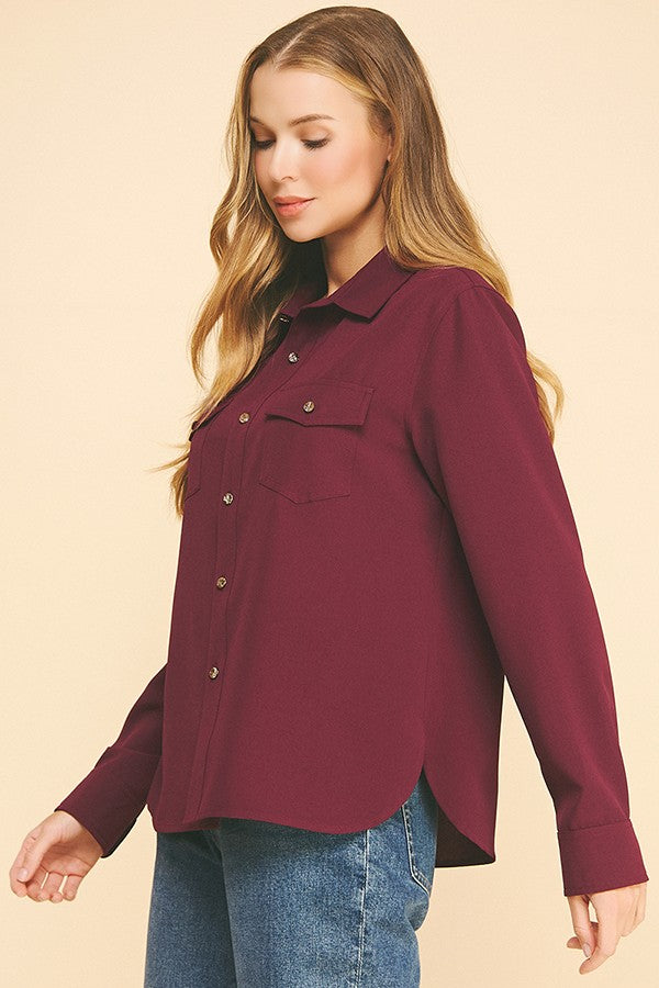 Crepe Double Breas Pocketed Faux Gold Button Dress Shirt