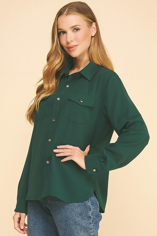 Crepe Double Breas Pocketed Faux Gold Button Dress Shirt