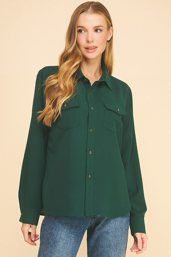 Crepe Double Breas Pocketed Faux Gold Button Dress Shirt