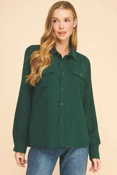 Crepe Double Breas Pocketed Faux Gold Button Dress Shirt