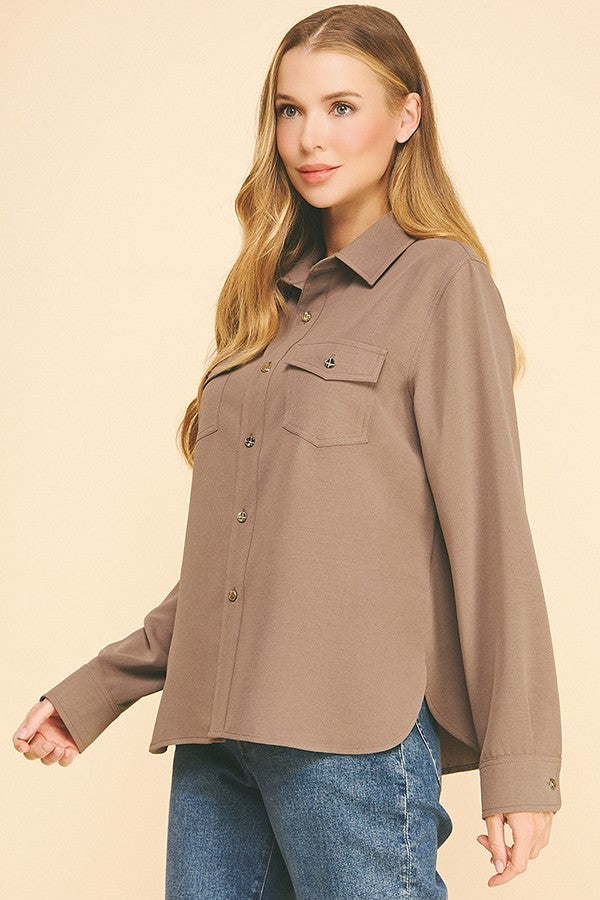 Crepe Double Breas Pocketed Faux Gold Button Dress Shirt