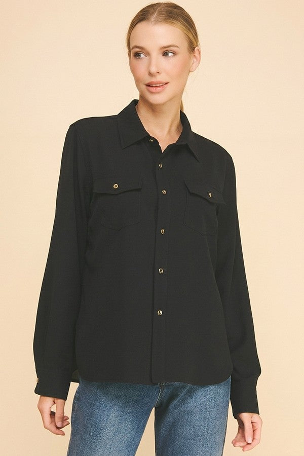 Crepe Double Breas Pocketed Faux Gold Button Dress Shirt