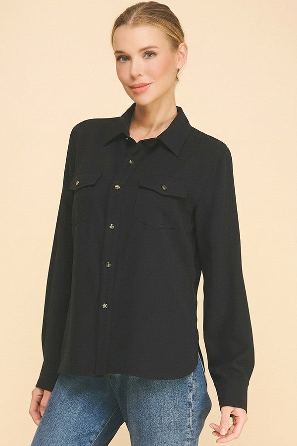 Crepe Double Breas Pocketed Faux Gold Button Dress Shirt