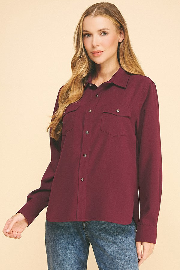 Crepe Double Breas Pocketed Faux Gold Button Dress Shirt