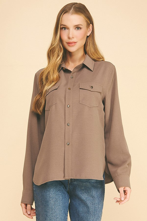 Crepe Double Breas Pocketed Faux Gold Button Dress Shirt