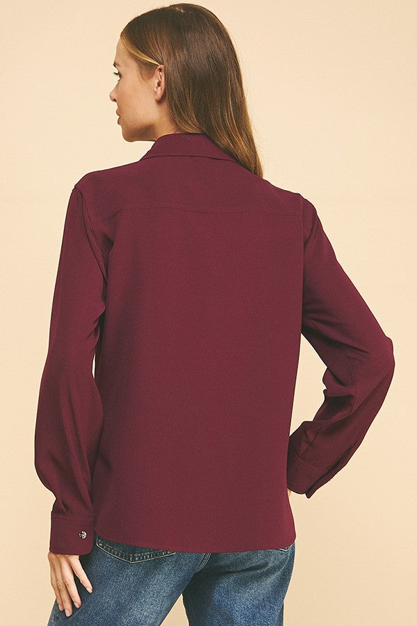 Crepe Double Breas Pocketed Faux Gold Button Dress Shirt
