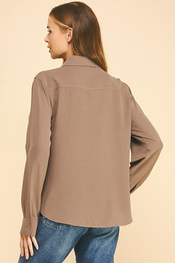 Crepe Double Breas Pocketed Faux Gold Button Dress Shirt