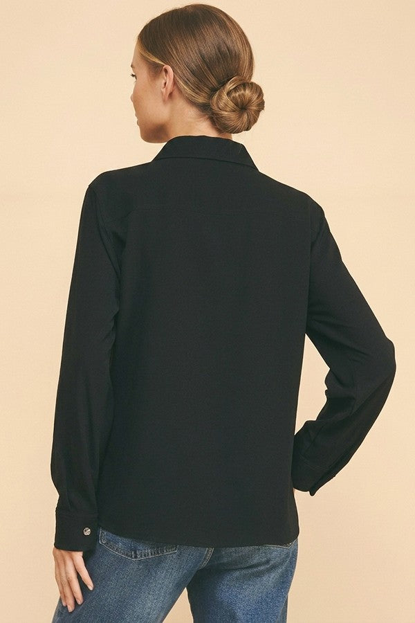Crepe Double Breas Pocketed Faux Gold Button Dress Shirt