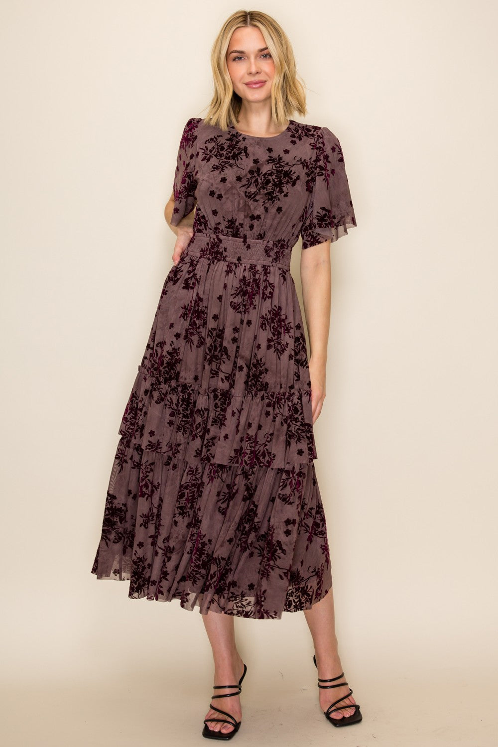 Velvet Floral Smocked Waist Tiered Dress