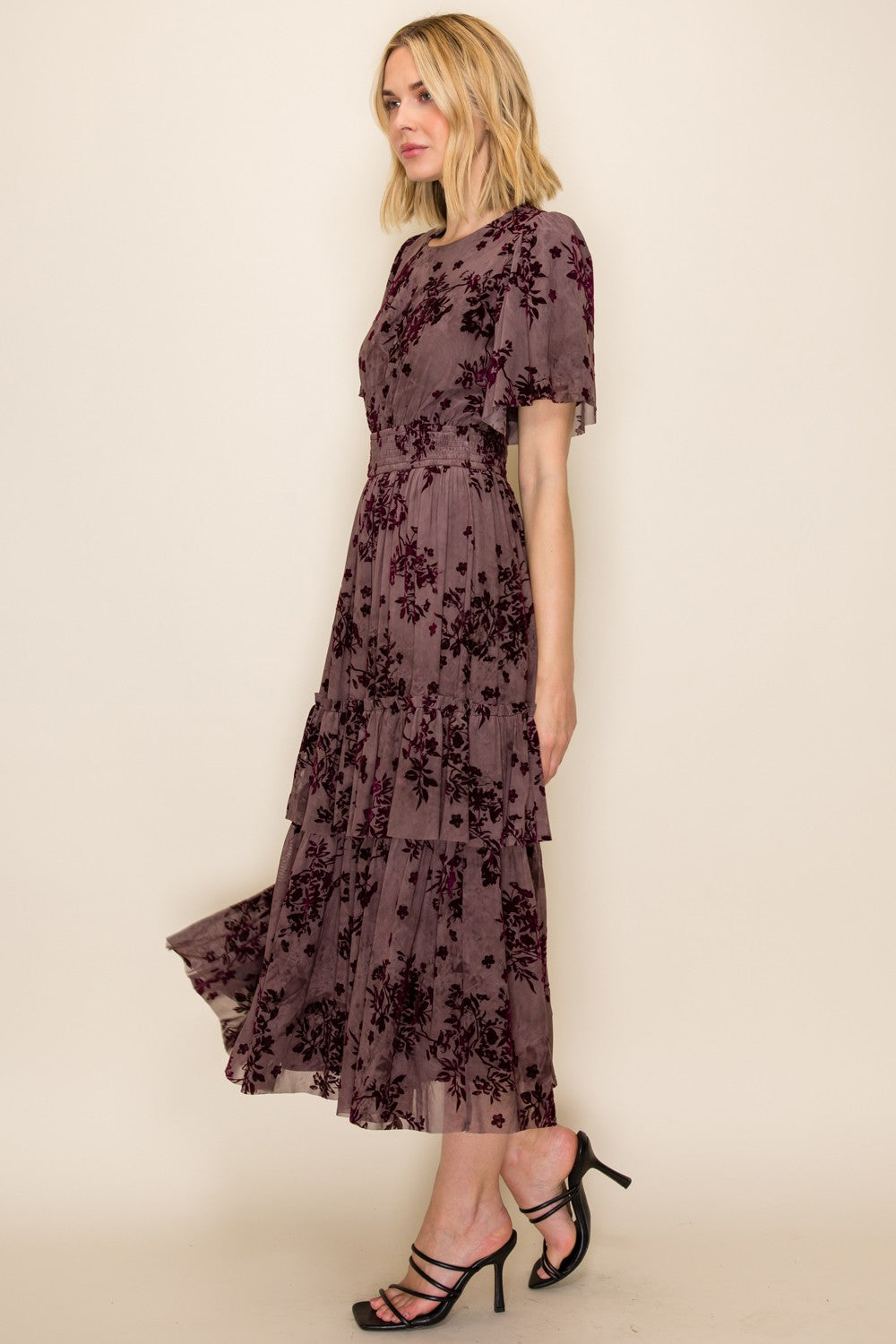 Velvet Floral Smocked Waist Tiered Dress