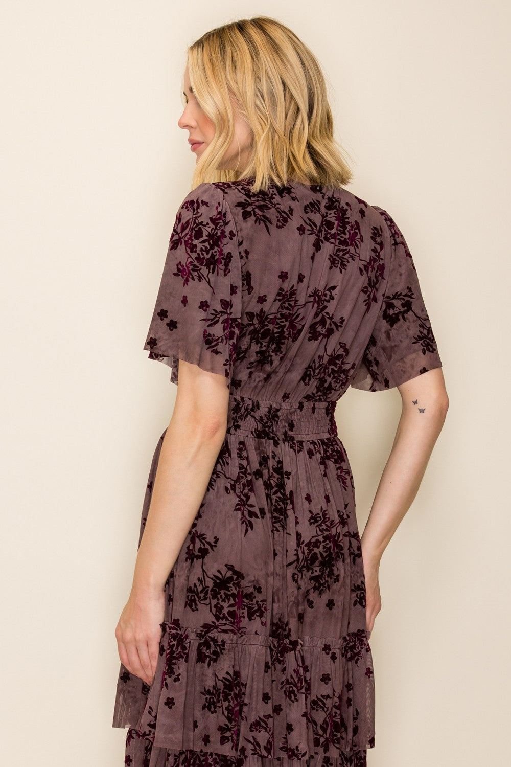Velvet Floral Smocked Waist Tiered Dress