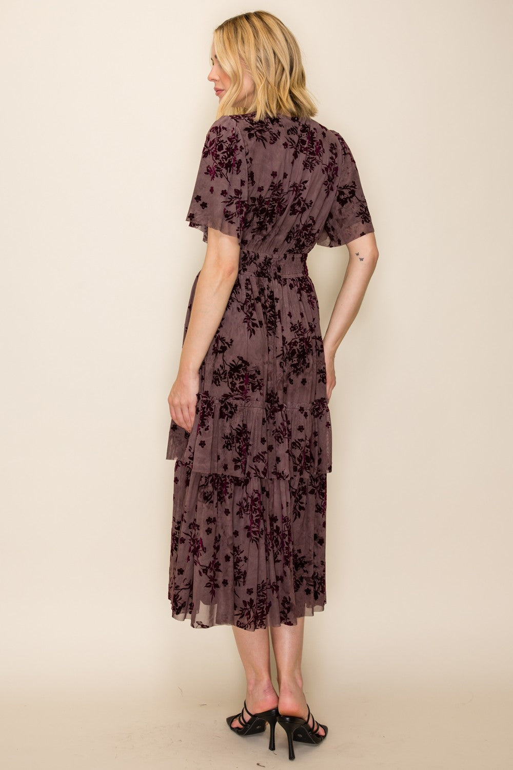 Velvet Floral Smocked Waist Tiered Dress