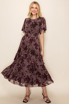 Velvet Floral Smocked Waist Tiered Dress