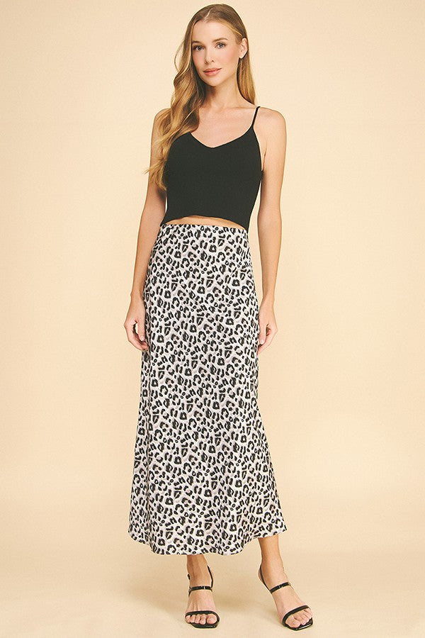 Leopard Pattern Charmeuse Satin Basic Maxi Skirt