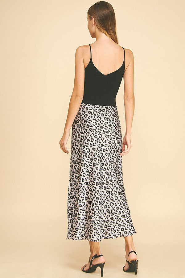 Leopard Pattern Charmeuse Satin Basic Maxi Skirt