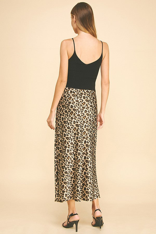 Leopard Pattern Charmeuse Satin Basic Maxi Skirt