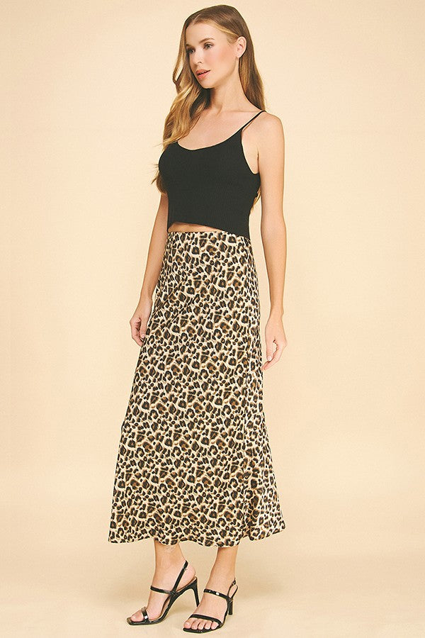 Leopard Pattern Charmeuse Satin Basic Maxi Skirt