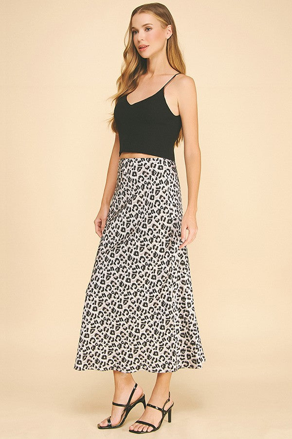 Leopard Pattern Charmeuse Satin Basic Maxi Skirt