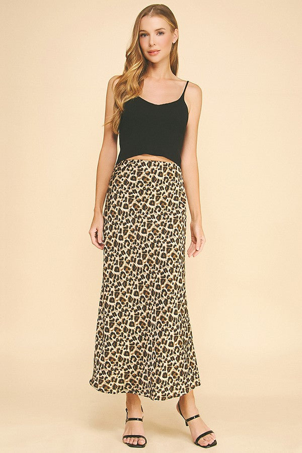 Leopard Pattern Charmeuse Satin Basic Maxi Skirt