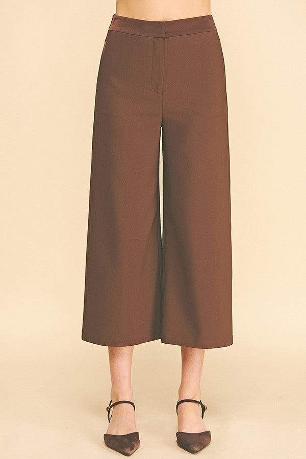 Twill Satin Waist Wide Leg Cropped Pants