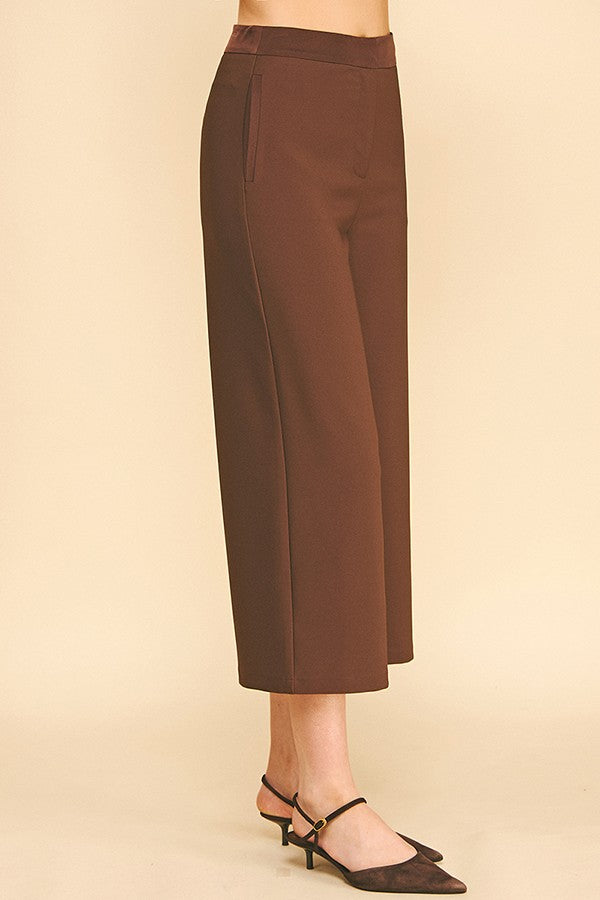 Twill Satin Waist Wide Leg Cropped Pants