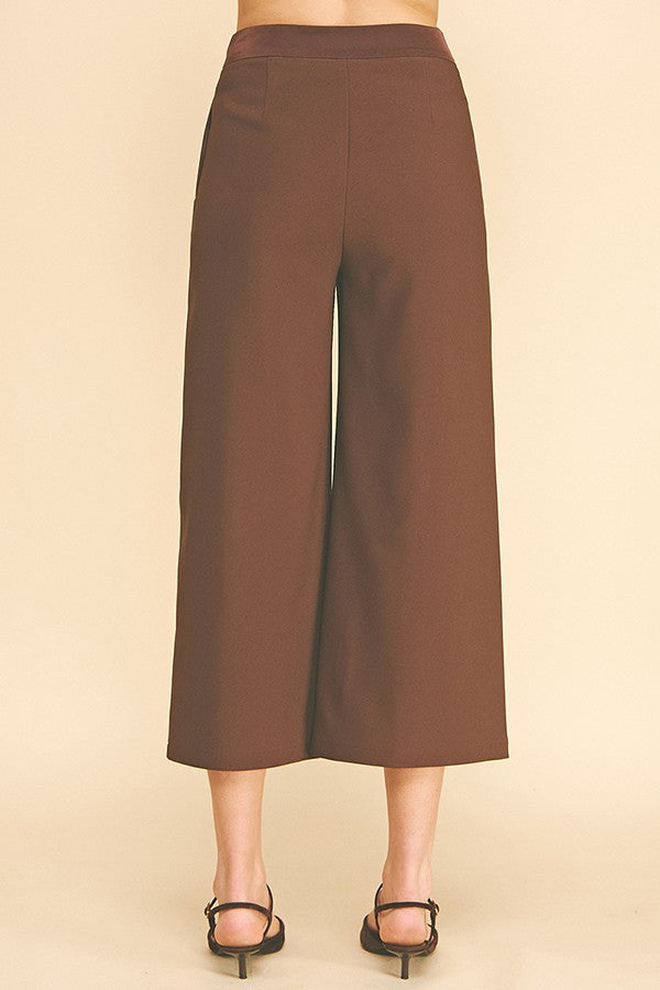 Twill Satin Waist Wide Leg Cropped Pants