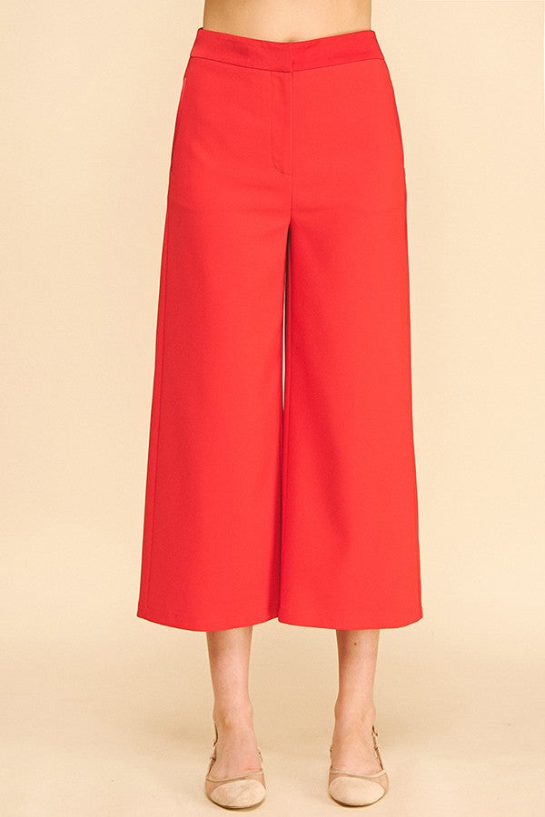 Twill Satin Waist Wide Leg Cropped Pants