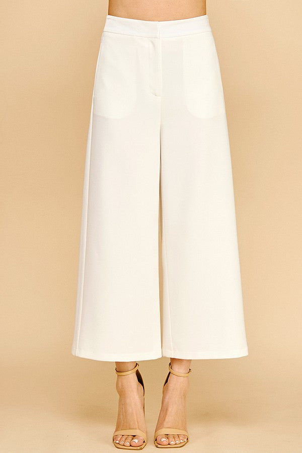 Twill Satin Waist Wide Leg Cropped Pants