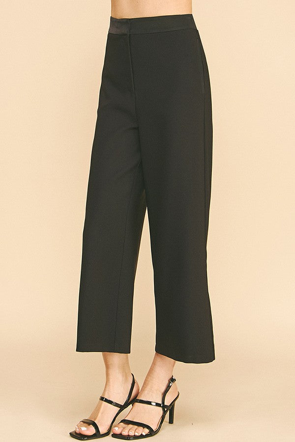 Twill Satin Waist Wide Leg Cropped Pants